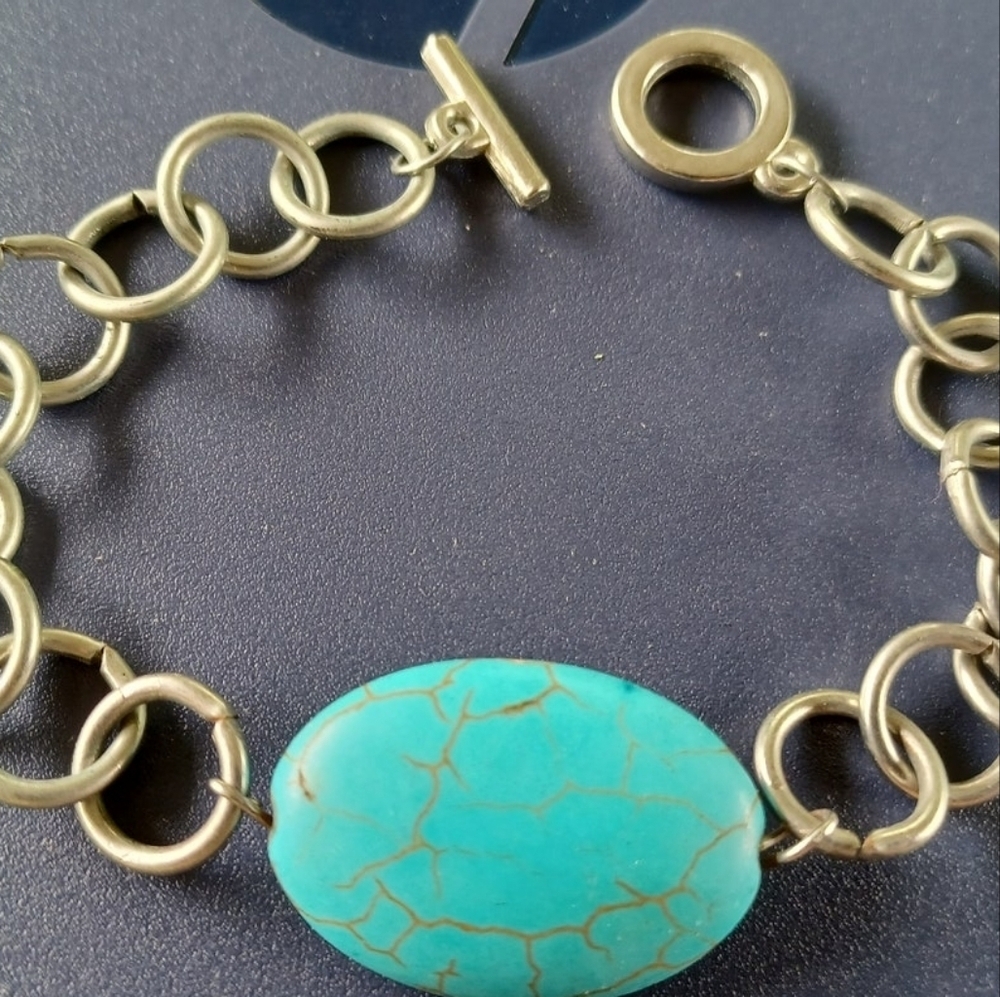Rockcloud Turquoise aka Green Howlite Turquoise and Worry Stone, 8" BRACELET - Picture 2 of 8